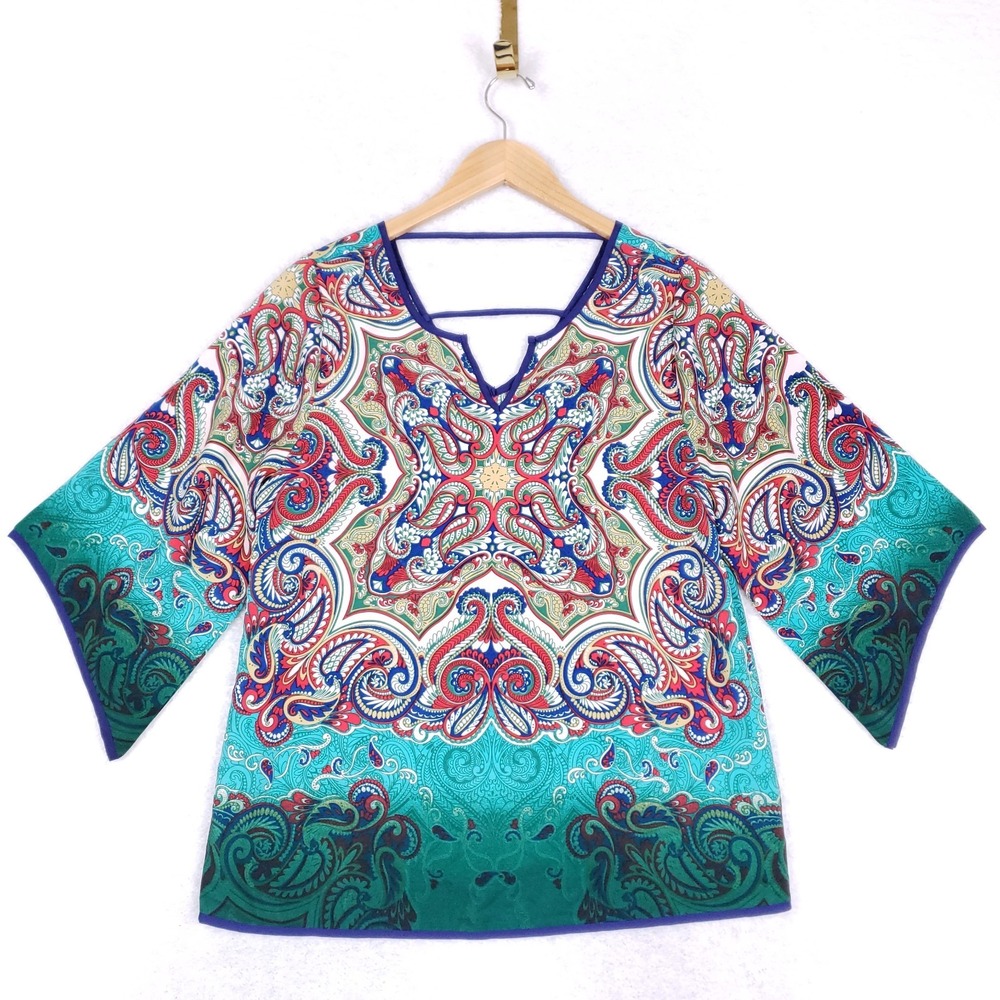 Pink Owl Blouse Paisley Print‎ Loose Fit Sz Large Turquoise Boho 70s Psychedelic